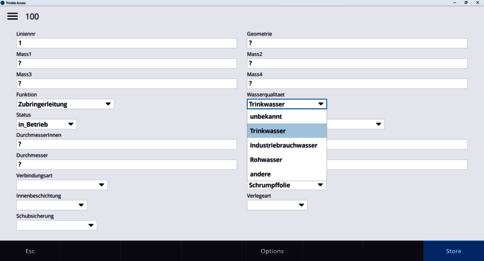 Screenshot eines zwei-spaltigen Formulars zur Eingabe technischer Parameter einer Wasserleitung: Linien- und Geometrie-Felder, Funktion, Status, Durchmesser, Verbindungen, Innenbeschichtung; Wassernutzungsauswahl mit Optionen wie Trinkwasser, Rohwasser, Industrieabwässer und unbekannt; Menüleiste unten.