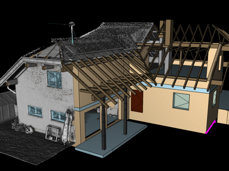 3D-Darstellung eines Hauses mit Anbau: links ein bestehendes zweistöckiges Wohnhaus, rechts ein neu errichteter Holz-Dachstuhl-Anbau mit freiliegenden Sparren.