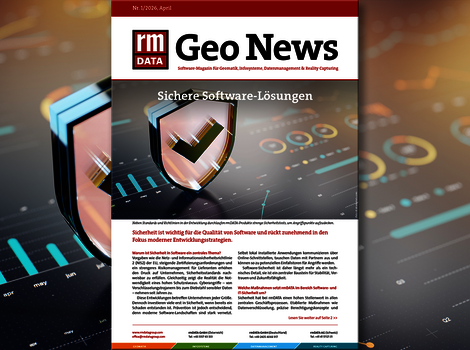 Titelseite der IT-Fachzeitschrift Geo News. Überschrift: Sichere Software-Lösungen. Zentral eine glänzende Schutzschild-Illustration mit Haken vor einem Hintergrund aus digitalen Grafiken.