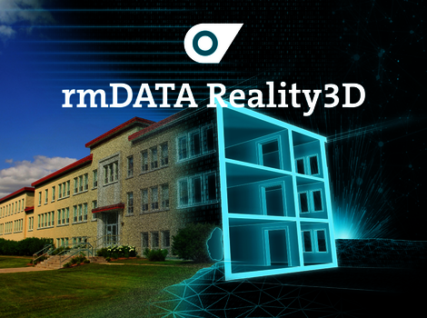 Außenansicht eines mehrstöckigen Gebäudes links, daneben ein leuchtend blaues, transparentes 3D-Gebäudemodell in Form eines offenen Würfelrahmens; darüber der Text rmDATA Reality3D und ein Logo.