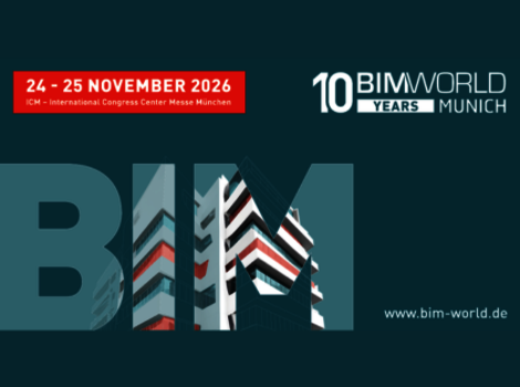 Banner für BIM World München 2026 mit großem BIM-Logo und Gebäudemotiv, tealfarbener Hintergrund. Datum 24.–25. November 2026 im ICM München, Website www.bim-world.de.