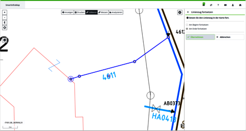 rmDATA GeoWeb: Linienzug in der Karte fortsetzen 